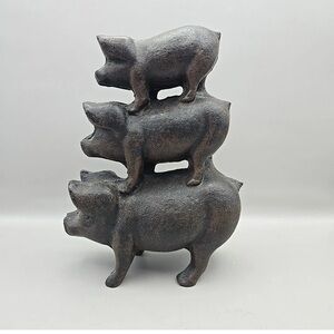 Vintage Heavy Cast Iron 3 Stacked Pigs Figurine Doorstop Farmhouse Country